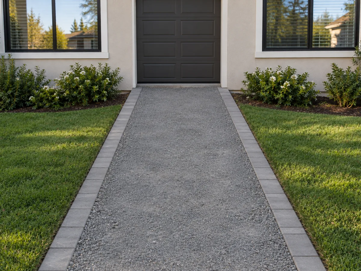A driveway bed of compacted gray crushed rock between two rows of edge pavers already set, running up to a closed garage door.
