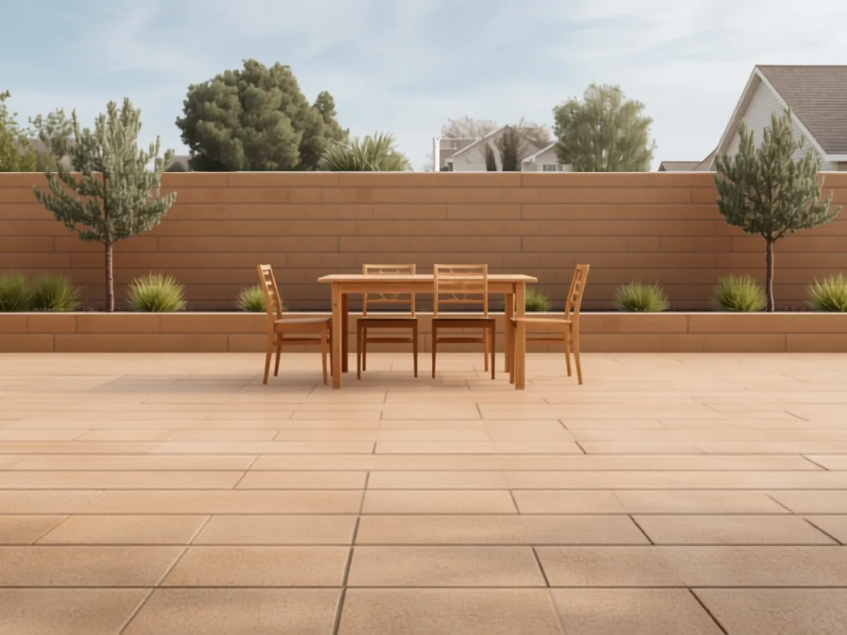 Tan concrete plank pavers in long staggered rows on a back yard patio, with a wooden table and four chairs beside a raised planter and a block wall.