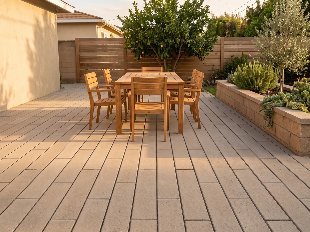Light tan concrete plank pavers in long staggered rows on a back yard patio, with a teak table and six chairs beside a raised block planter and a wood slat fence.