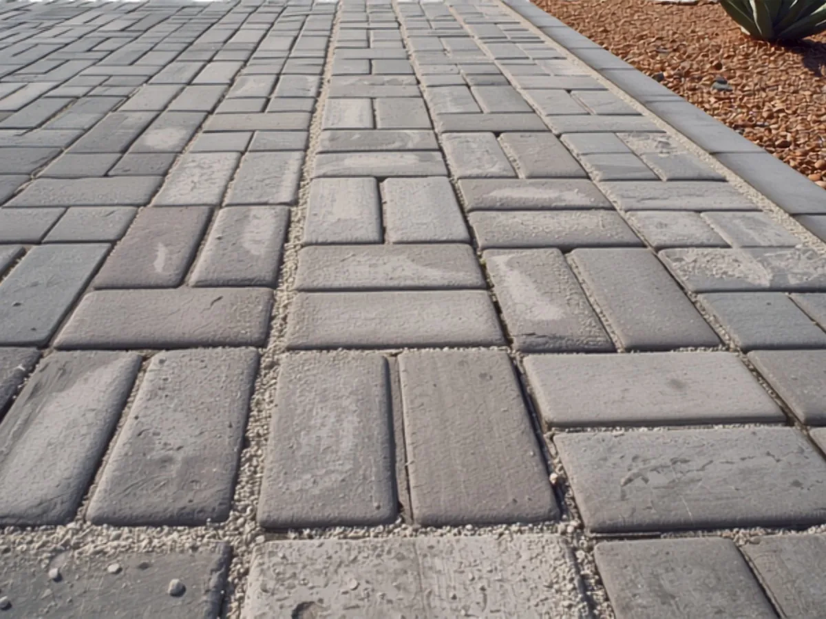 Concrete pavers with open joints and loose aggregate along the edge.