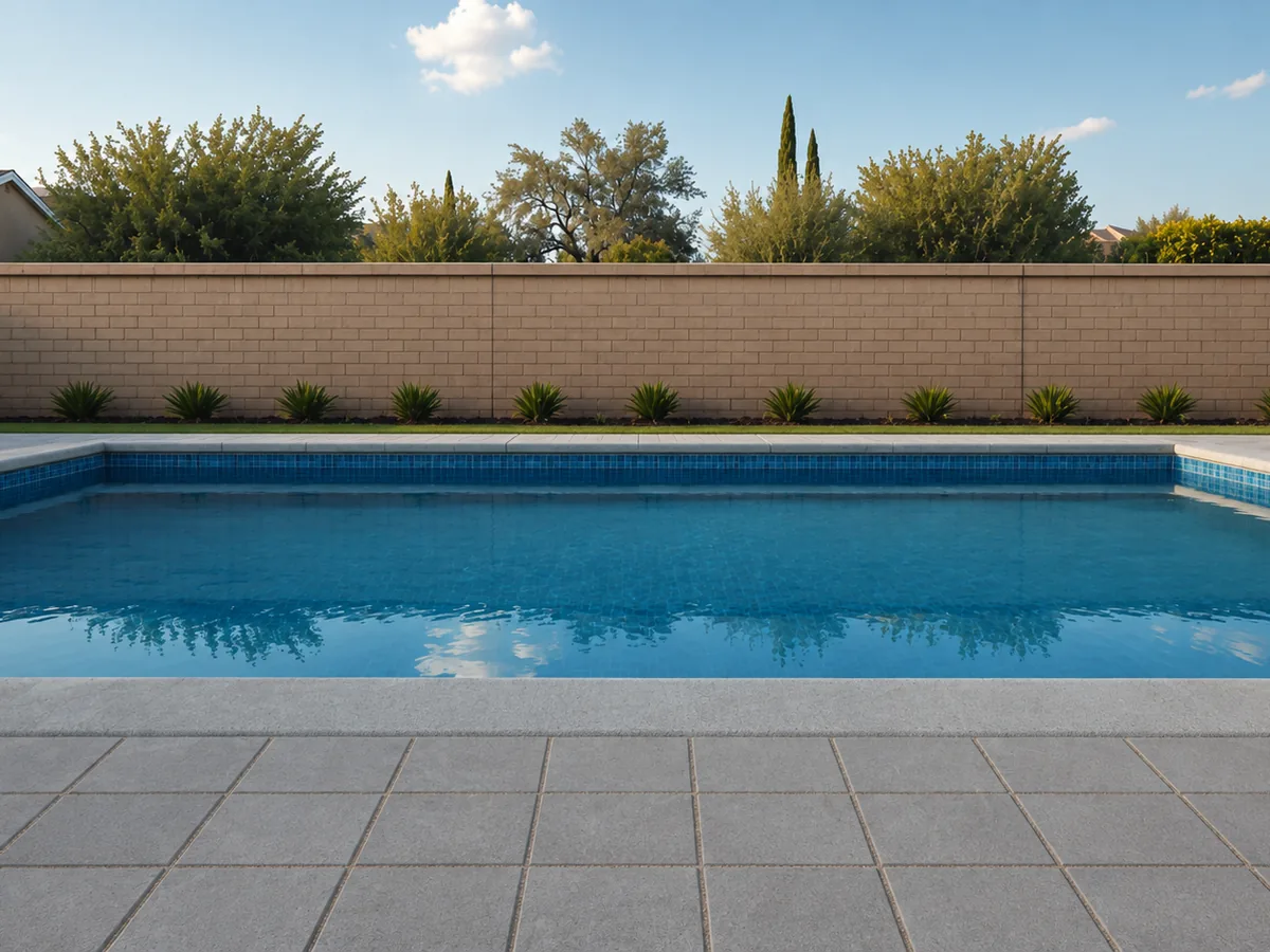Gray square concrete pavers with sand filled joints around a rectangular pool with gray coping, a blue tile band and a tan block wall behind.