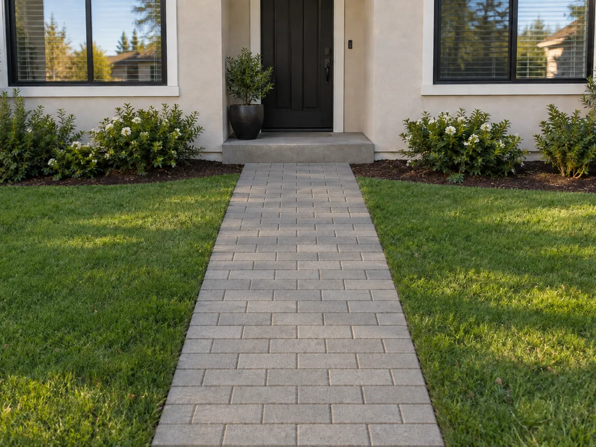 A front walkway of gray brick sized concrete pavers in a running bond, with lawn on both sides, leading to a concrete step and a front door.
